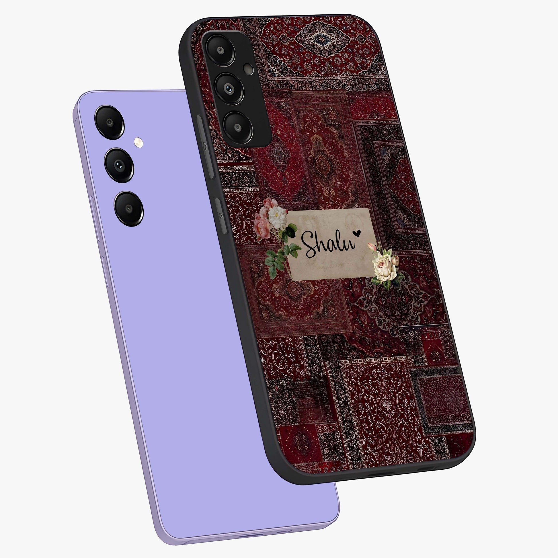 Velvet Wine Pattern Custom Name Glass Case displayed in angled mockup highlighting decorative velvet inspired design with custom name feature.