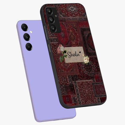 Velvet Wine Pattern Custom Name Glass Case displayed in angled mockup highlighting decorative velvet inspired design with custom name feature.