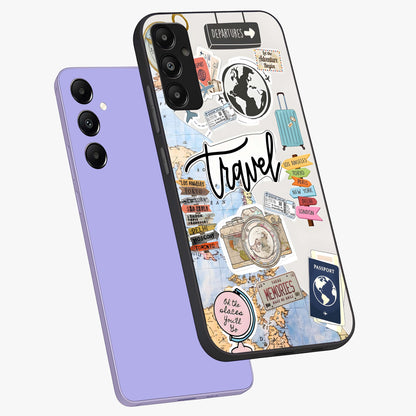 Wanderlust Journal Glass Case displayed in angled mockup highlighting adventure themed design with aesthetic travel vibe.