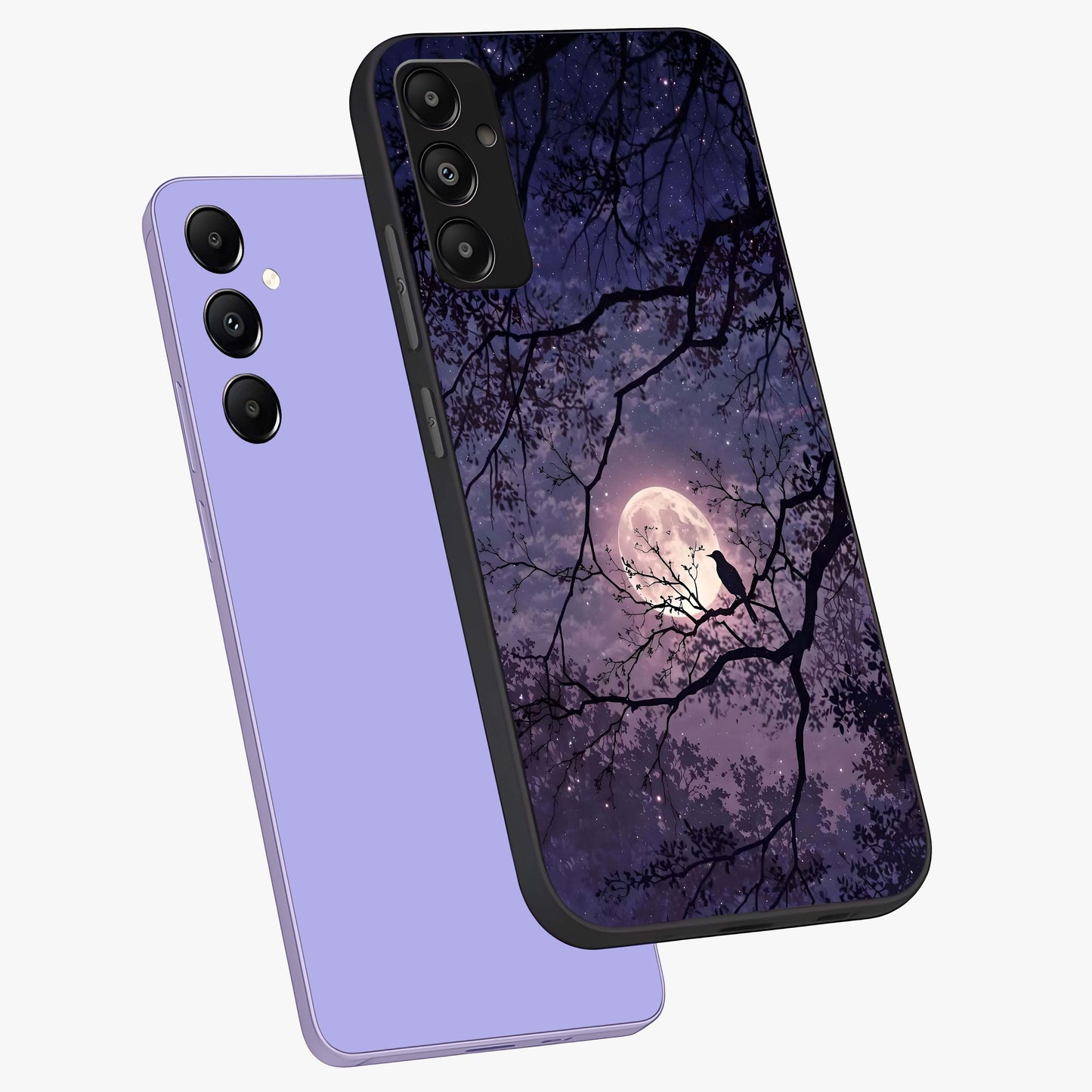 Whispering Moon Silence Glass Case displayed in angled mockup highlighting calm lunar design with dreamy night aesthetic.