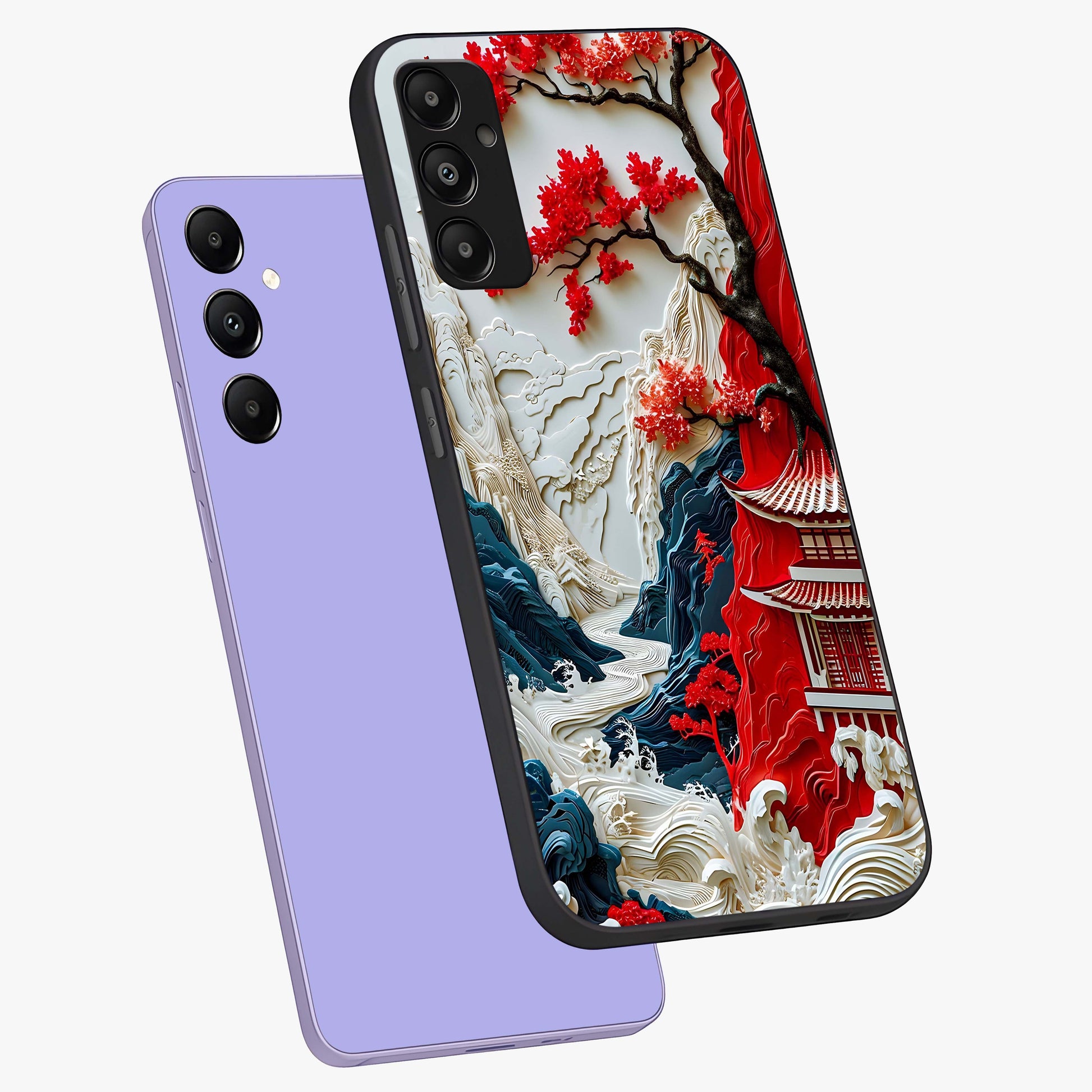 Whispers Of Sakura Waves Glass Case displayed in angled mockup highlighting flowing sakura design with soft floral aesthetic.