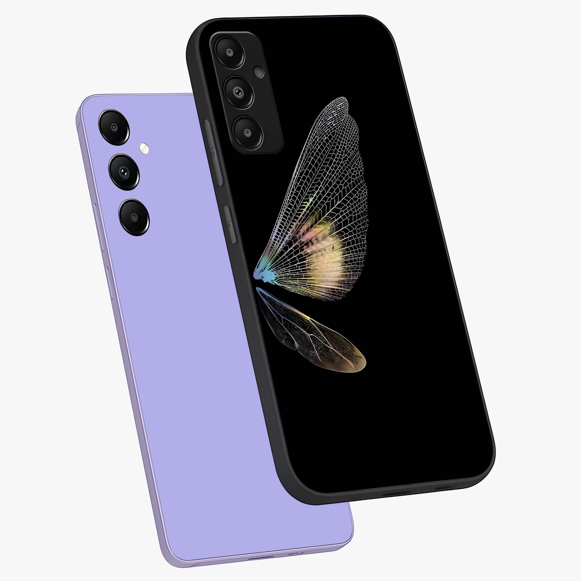 Whispers Of Wings Glass Case displayed in angled mockup highlighting soft feather design with celestial aesthetic style.