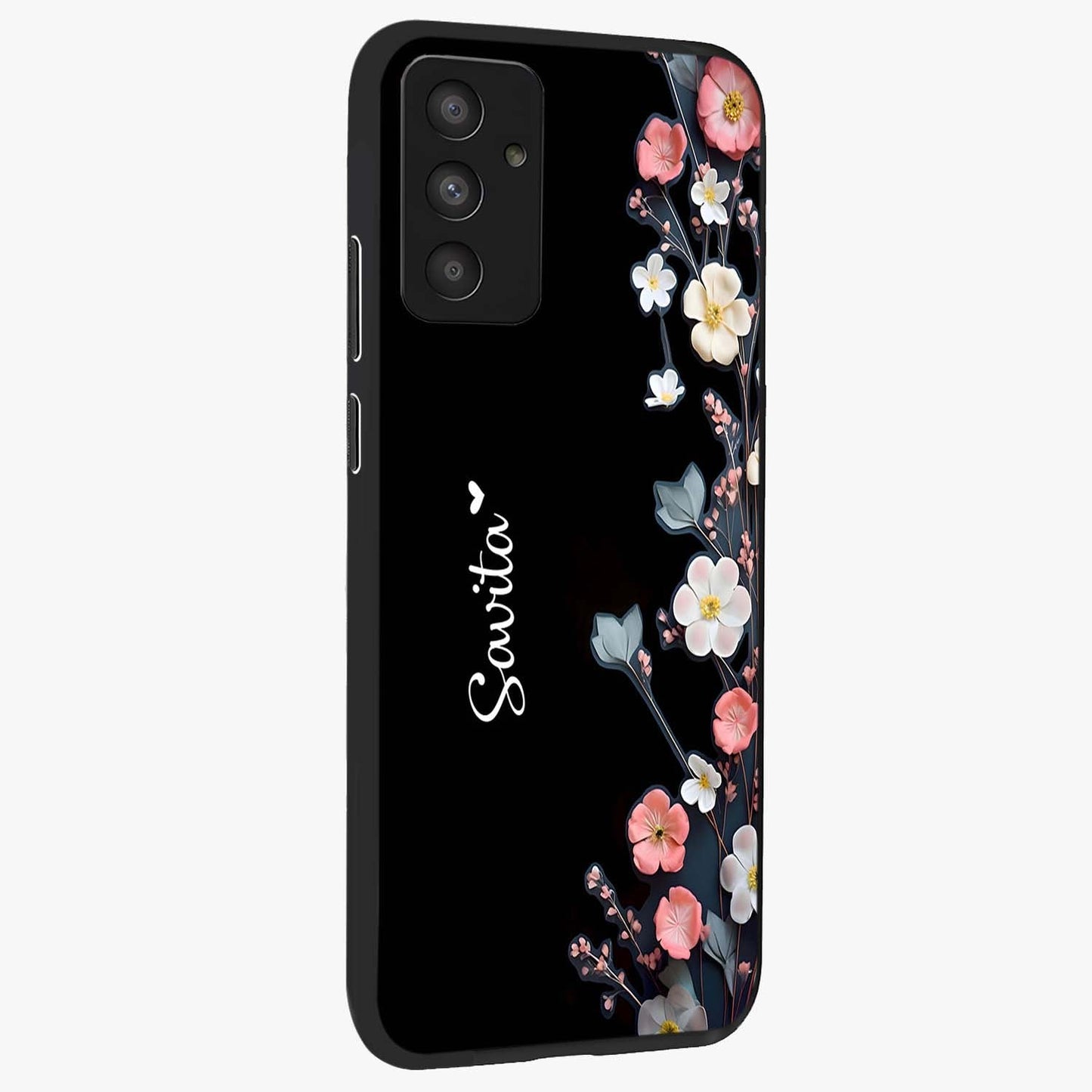 Black Elegance Floral Custom Name Glass Case upright view showcasing luxurious black floral design with personalized name detail.