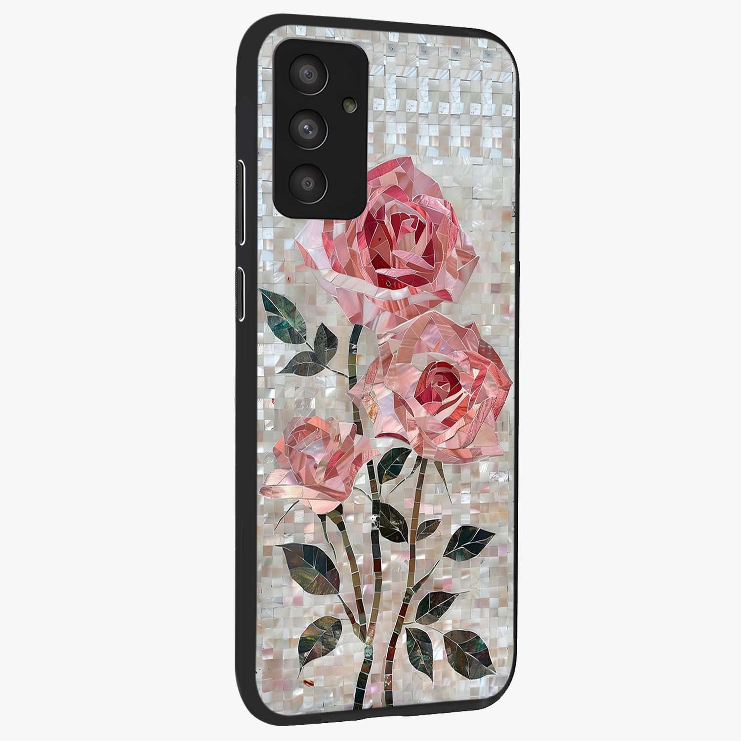 Blush Mosaic Bloom Glass Case upright view showcasing decorative floral mosaic artwork with stylish modern aesthetic.