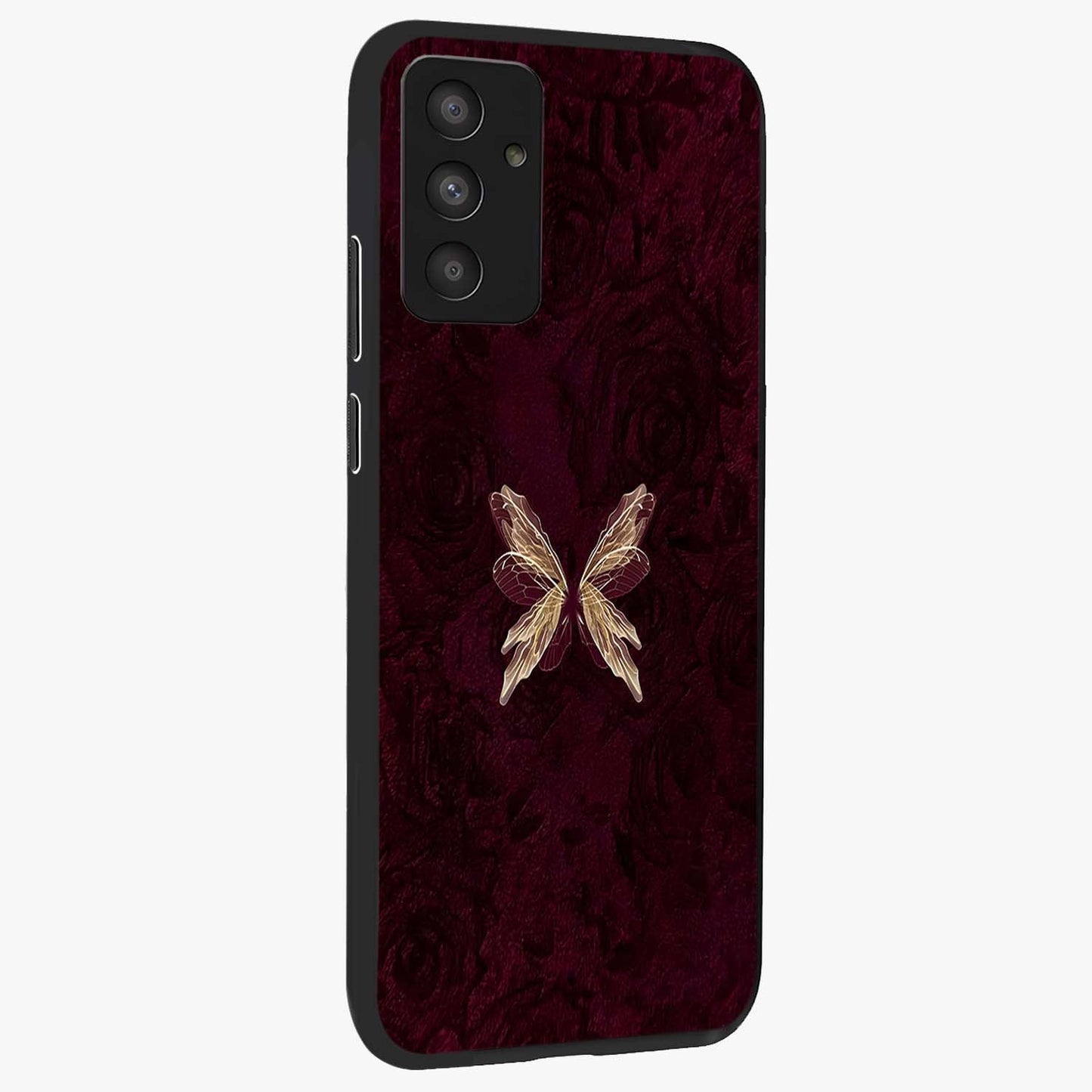Crimson Fade Butterfly Glass Case upright view showcasing graceful butterfly artwork with soft crimson fade effect.