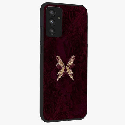 Crimson Fade Butterfly Glass Case upright view showcasing graceful butterfly artwork with soft crimson fade effect.