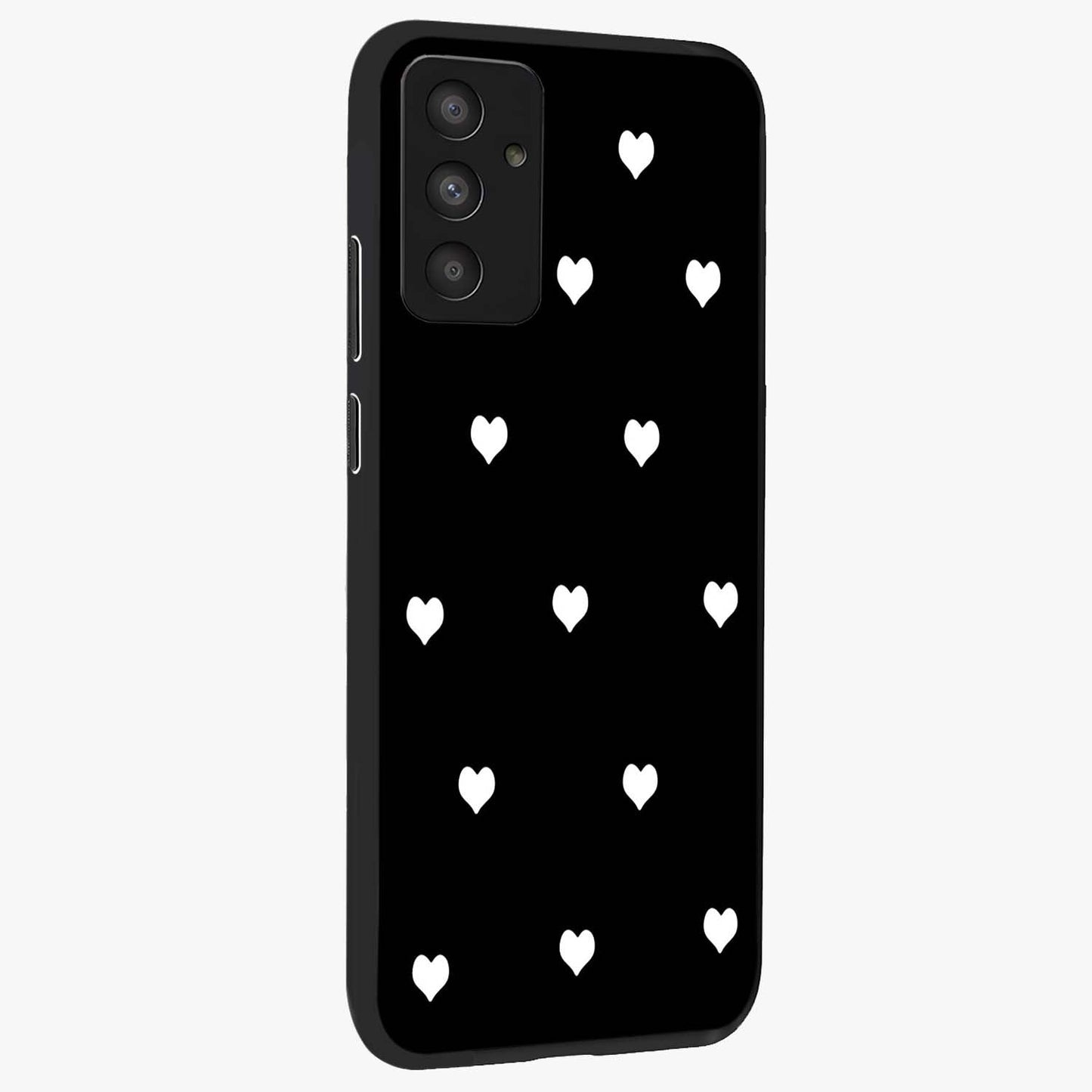 Cute And Simple White Hearts Glass Case upright view showcasing simple white hearts artwork with soft minimal theme.