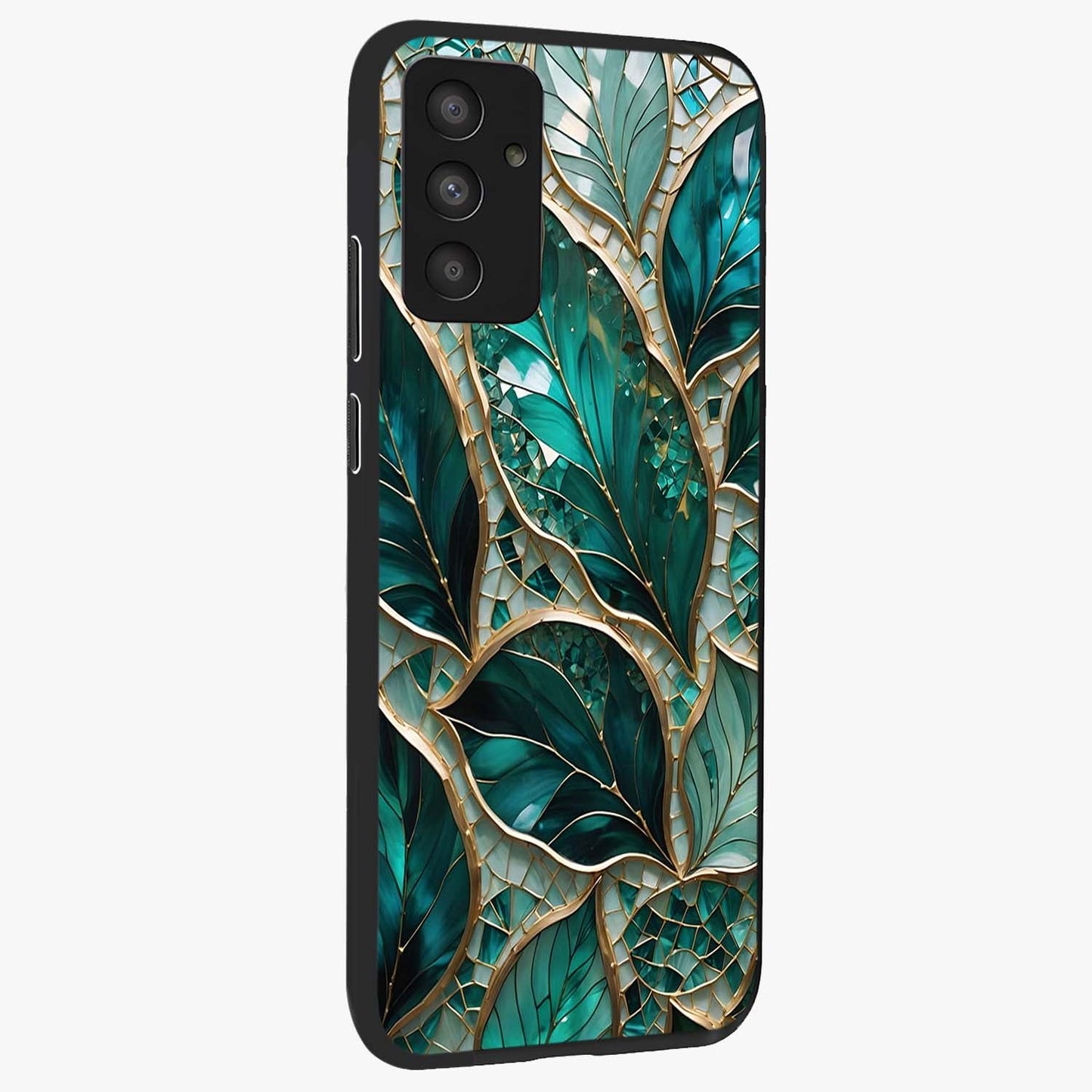 Emerald Leaf Glass Glass Case upright view showcasing fresh green leaf artwork with calming nature inspired style.