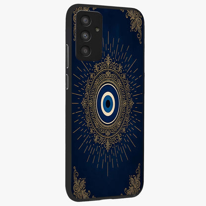 Golden Celestial Charm Glass Case upright view showcasing radiant celestial artwork with elegant golden theme.