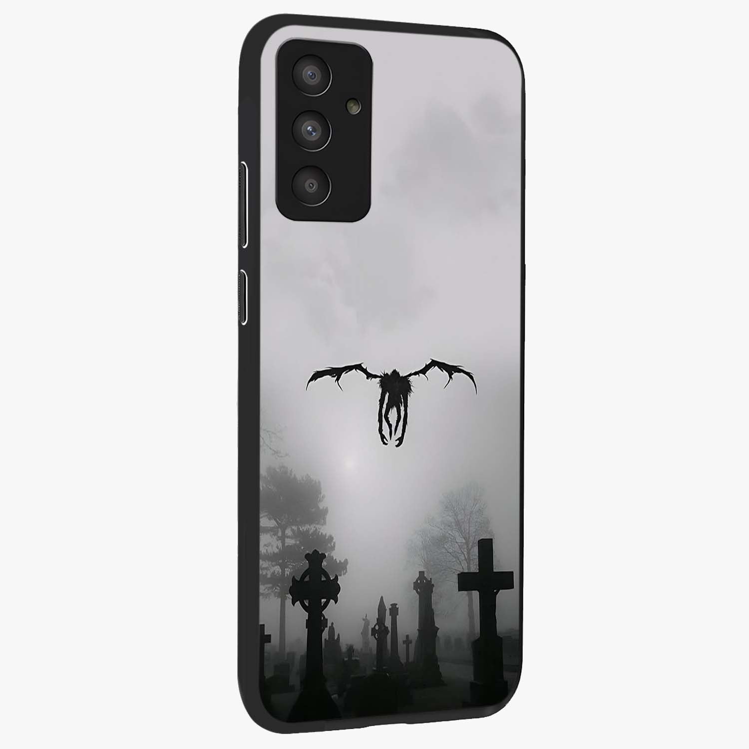 Graveyard Shadow Descent Glass Case upright view showcasing haunting graveyard artwork with dramatic dark theme.