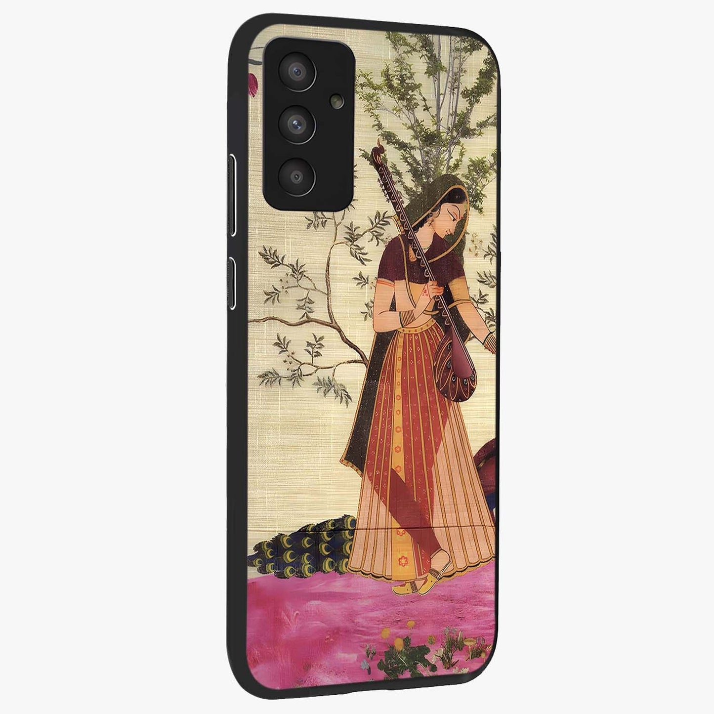 Lady With Veena Art Glass Case upright view showcasing classical veena artwork with traditional artistic theme.