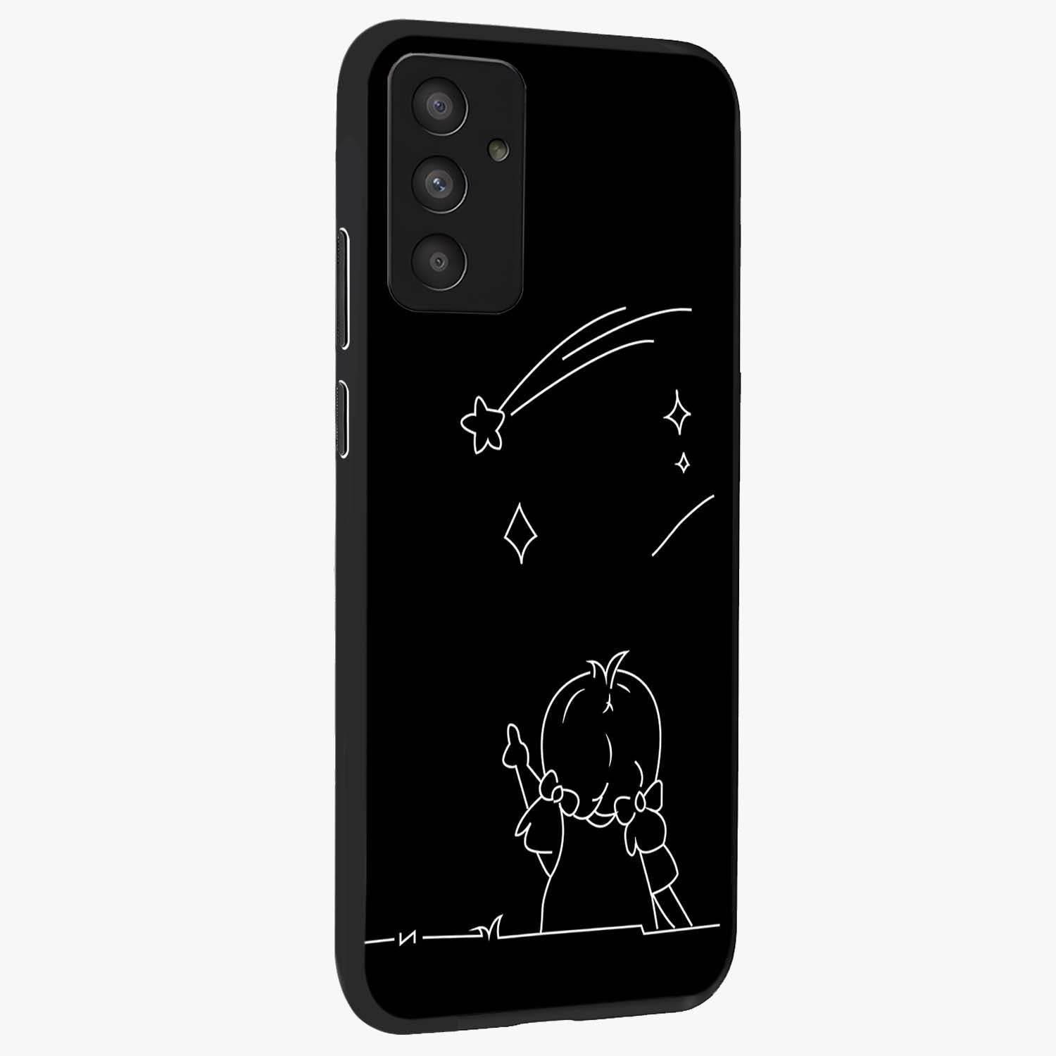 Line Art Girl With Shooting Stars Glass Case upright view showcasing delicate shooting stars artwork with minimal artistic theme.