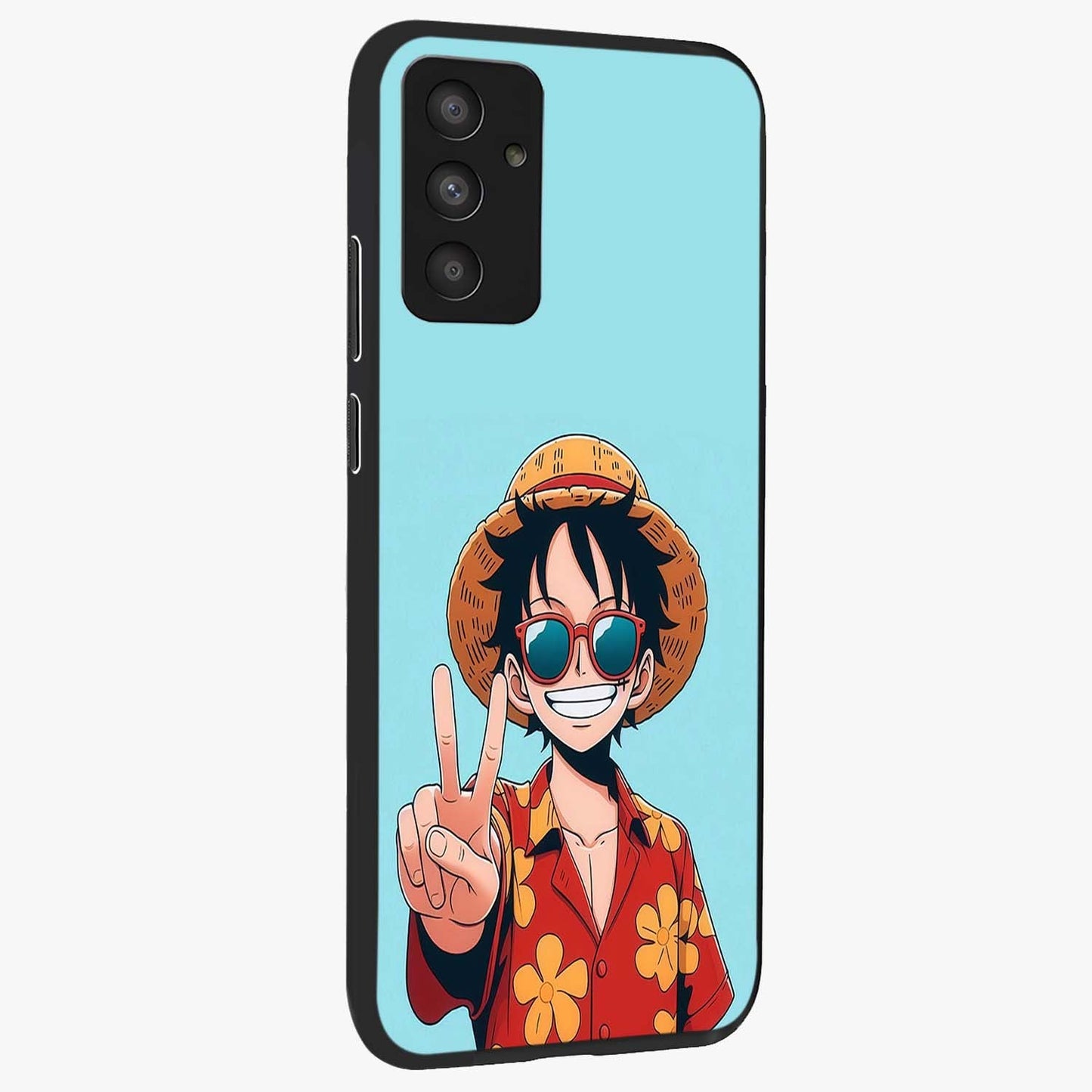 Luffy Summer Anime Vibe Glass Case upright view showcasing dynamic anime artwork with bright adventurous theme.