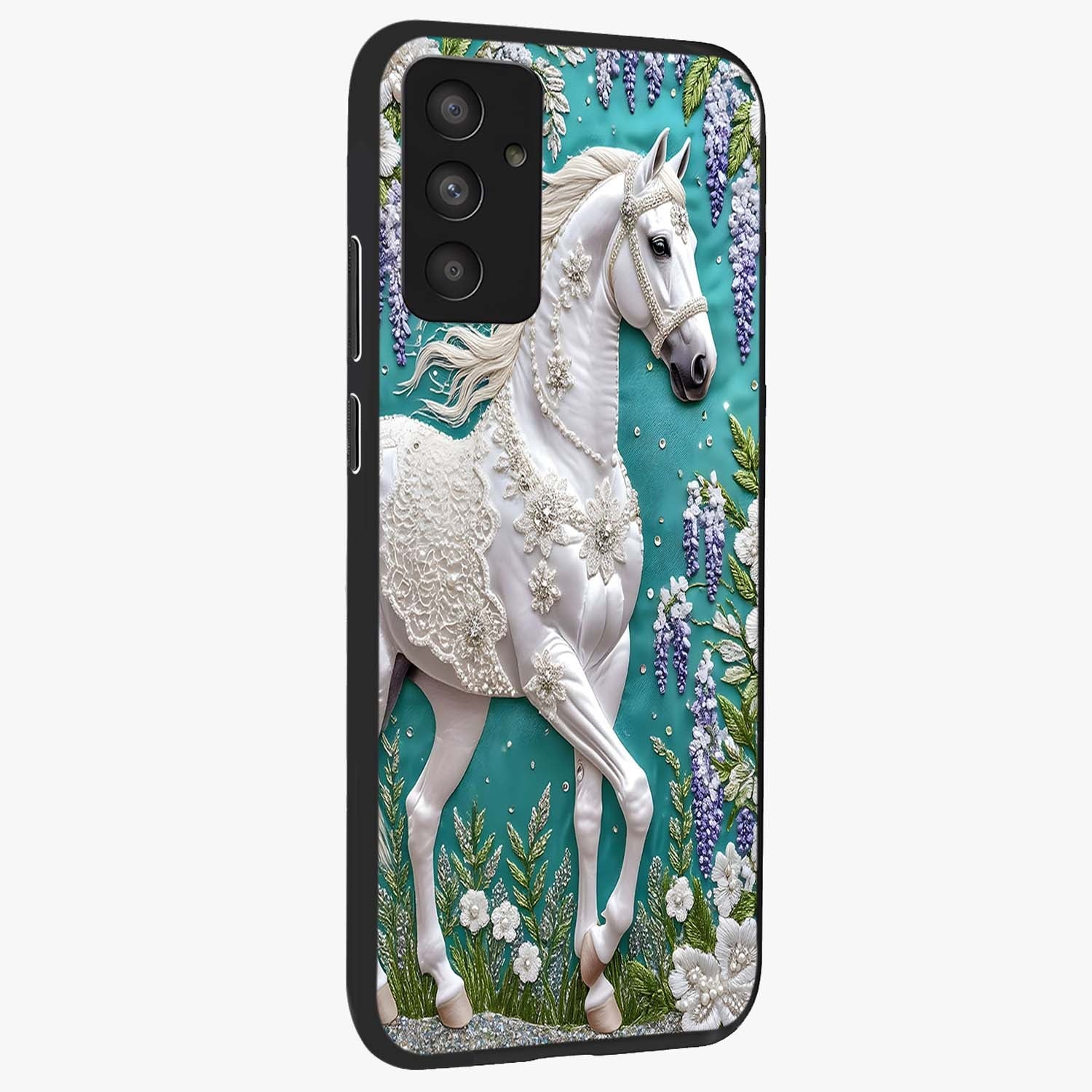 Majestic Floral Stallion Glass Case upright view showcasing dramatic horse artwork with decorative floral theme.