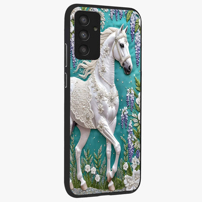 Majestic Floral Stallion Glass Case upright view showcasing dramatic horse artwork with decorative floral theme.