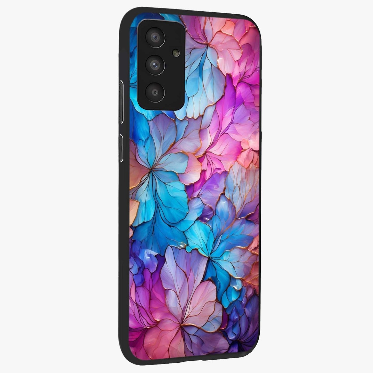 Radiant Floral Whirl Glass Case upright view showcasing lively floral artwork with decorative swirl theme.