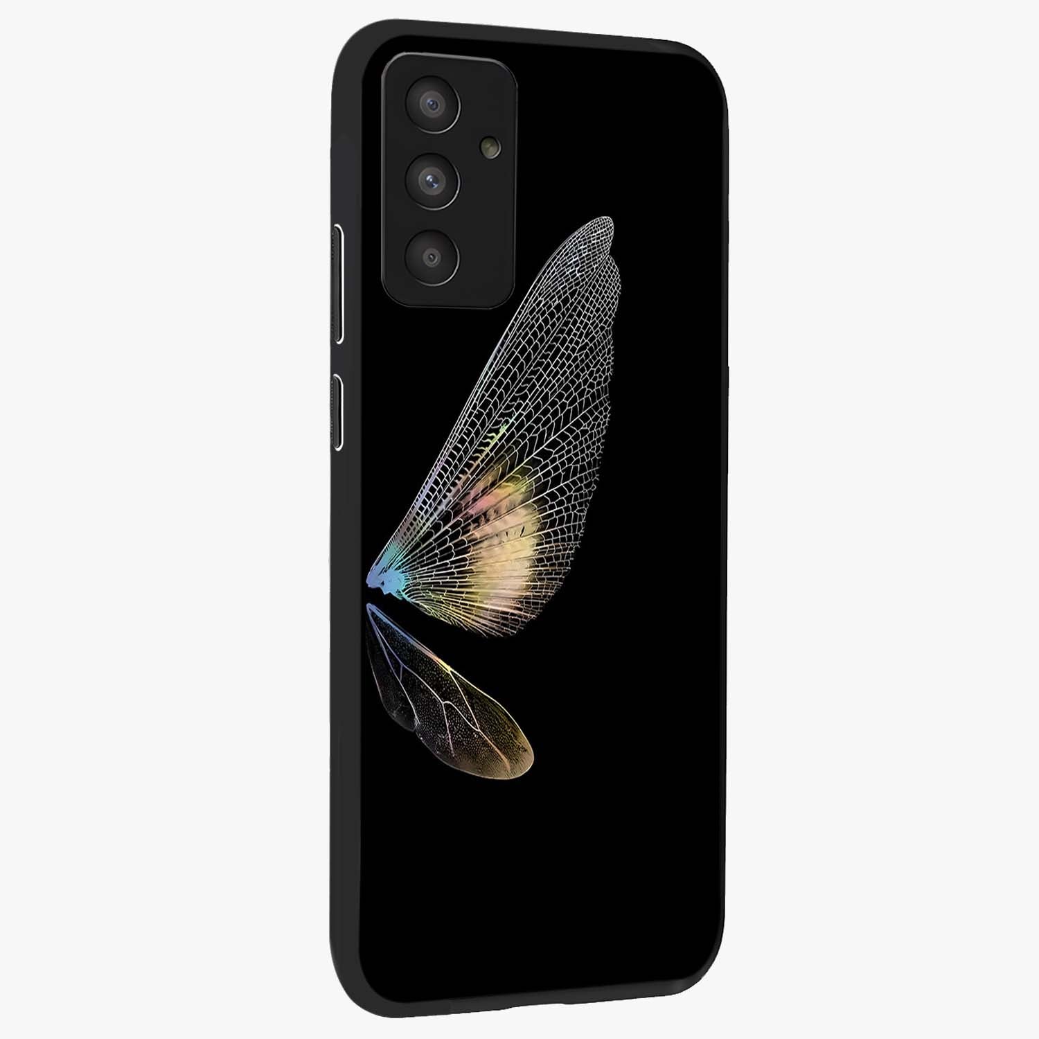 Whispers Of Wings Glass Case upright view showcasing elegant wing artwork with light airy theme.