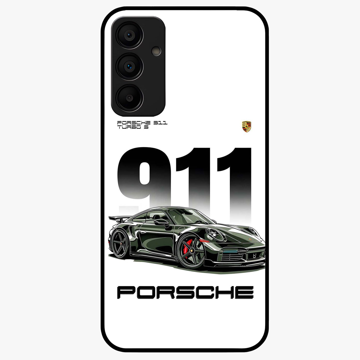 911 Turbo Dominance Glass Case showing clean flat back view with bold 911 sports car artwork and glossy glass finish.