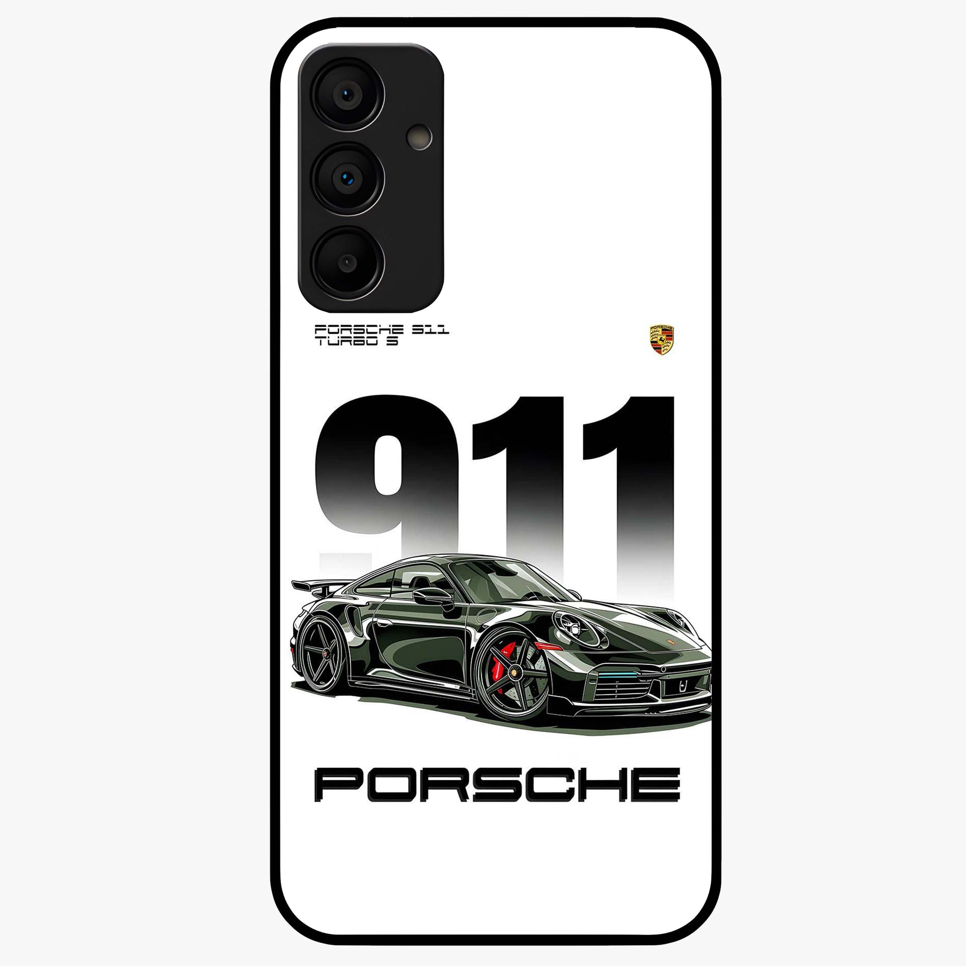 911 Turbo Dominance Glass Case showing clean flat back view with bold 911 sports car artwork and glossy glass finish.
