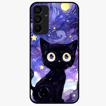 Abstract Cat Art Glass Case showing flat back view with artistic cat illustration and glossy glass finish.
