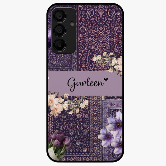 Antique Floral Whisper Custom Name Glass Case showing flat back view with vintage floral artwork and personalized name design.