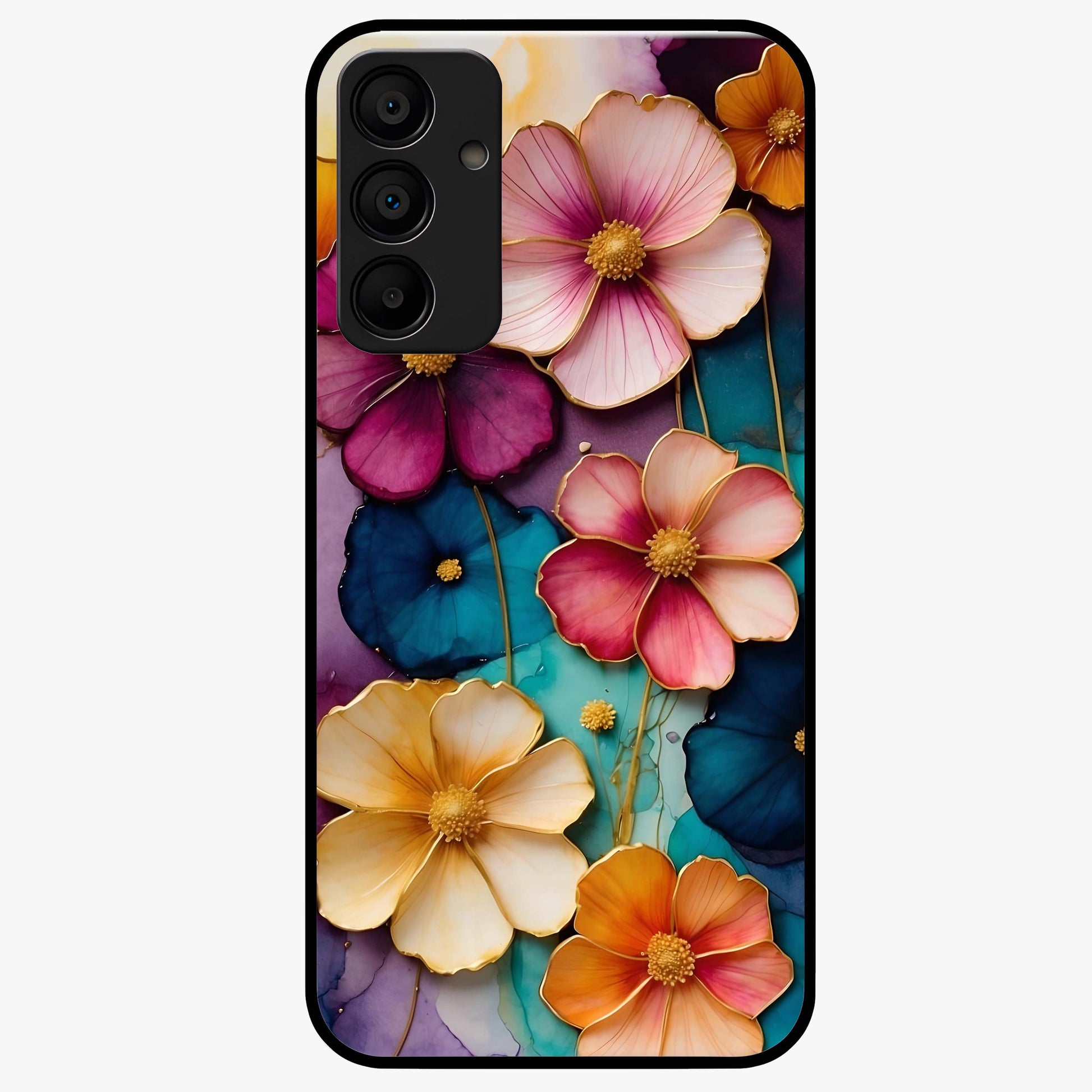 Artlyn Grace Flower Pattern Glass Case showing flat back view with elegant floral pattern artwork and glossy glass finish.