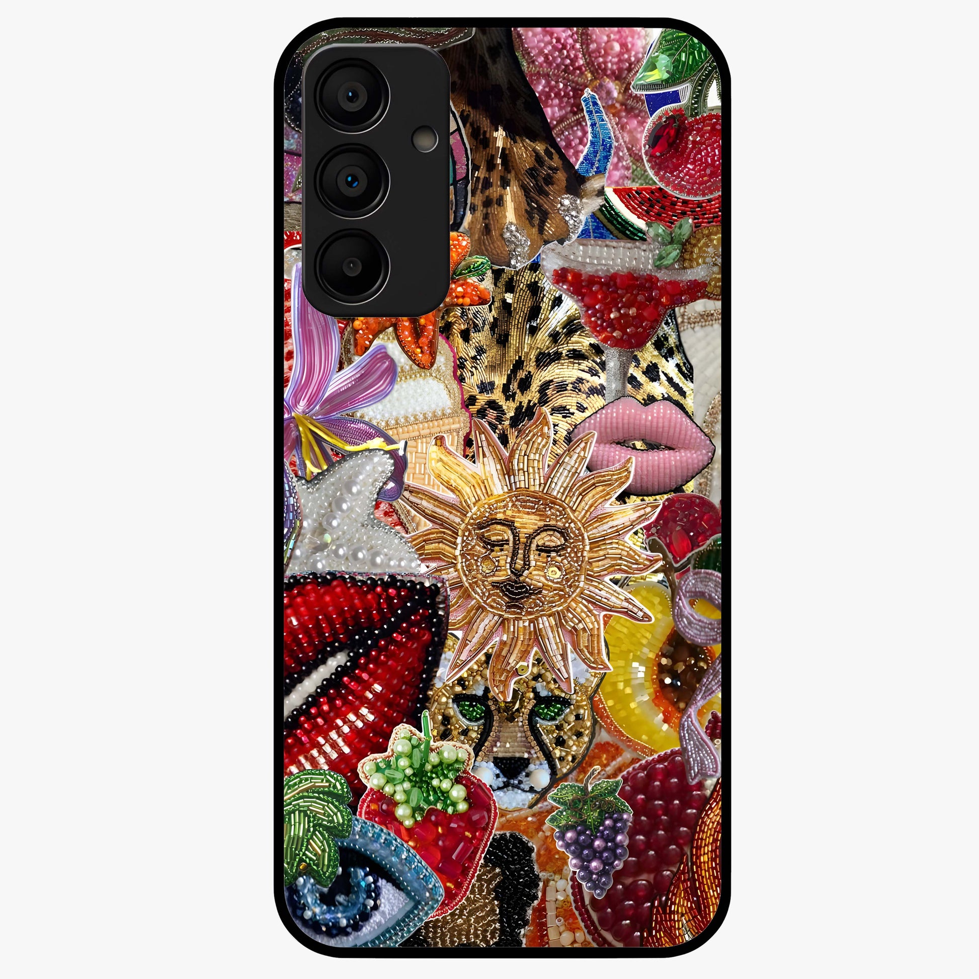 Beaded Fashion Jungle Glass Case showing flat back view with vibrant jungle inspired bead artwork and glossy glass finish.