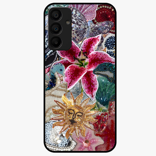 Beaded Garden Fantasy Glass Case showing flat back view with dreamy garden bead artwork and glossy glass finish.