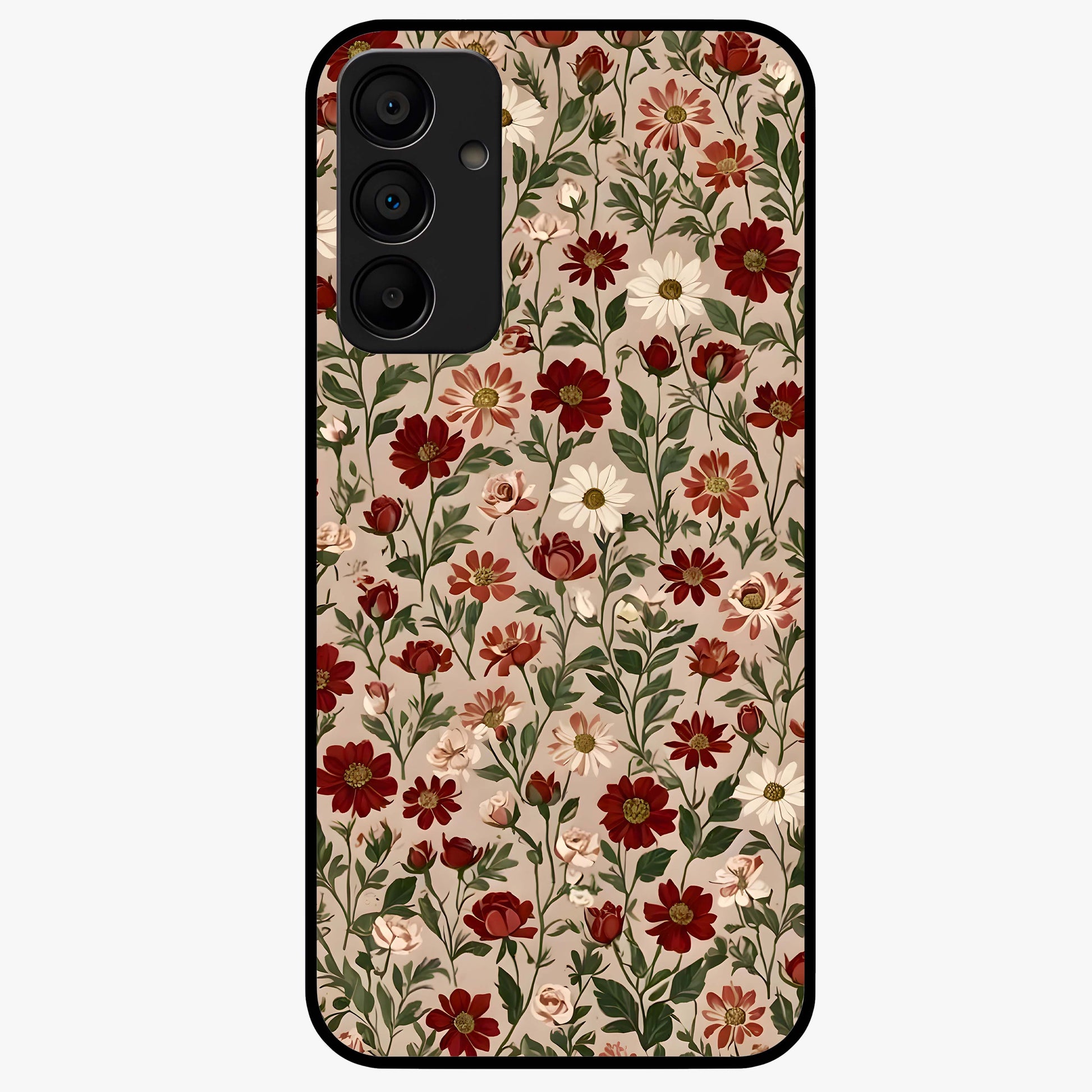 Biege Flower With Leaf Glass Case showing flat back view with soft beige floral artwork and glossy glass finish.