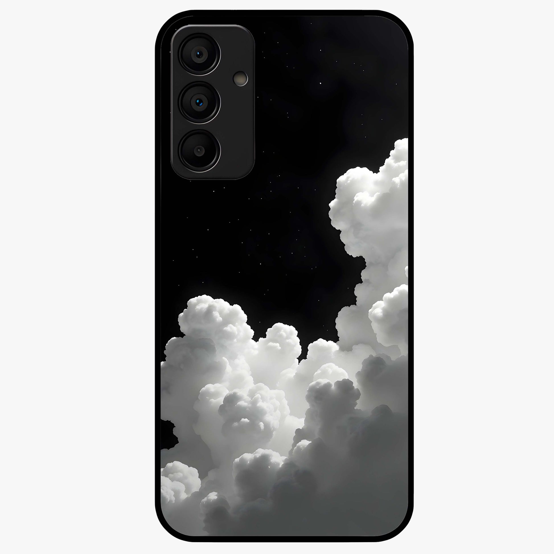 Black Background With White Cloud Glass Case showing flat back view with minimal cloud artwork on dark background and glossy glass finish.