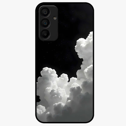 Black Background With White Cloud Glass Case showing flat back view with minimal cloud artwork on dark background and glossy glass finish.