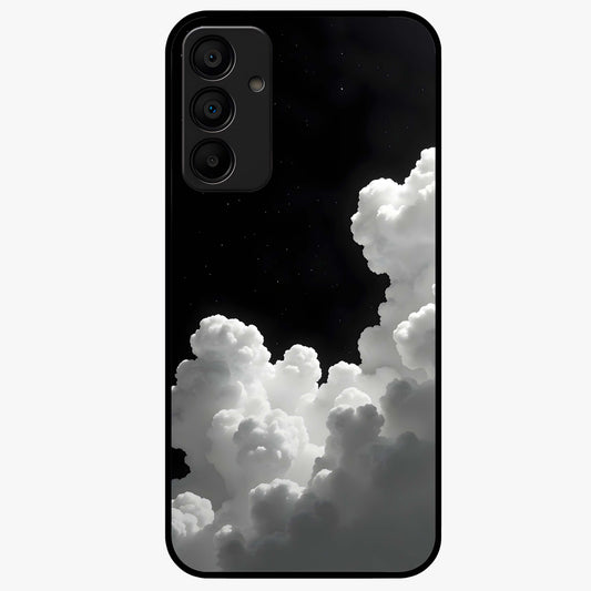 Black Background With White Cloud Glass Case showing flat back view with minimal cloud artwork on dark background and glossy glass finish.