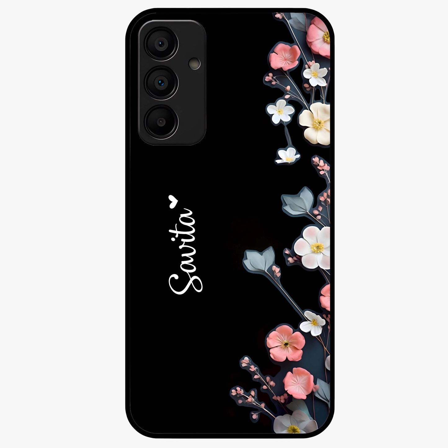 Black Elegance Floral Custom Name Glass Case showing flat back view with elegant floral artwork and personalized name design.