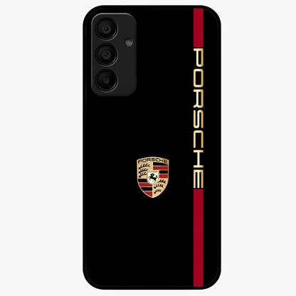 Black Minimal Porsche Glass Case showing flat back view with sleek minimal sports car artwork and glossy glass finish.