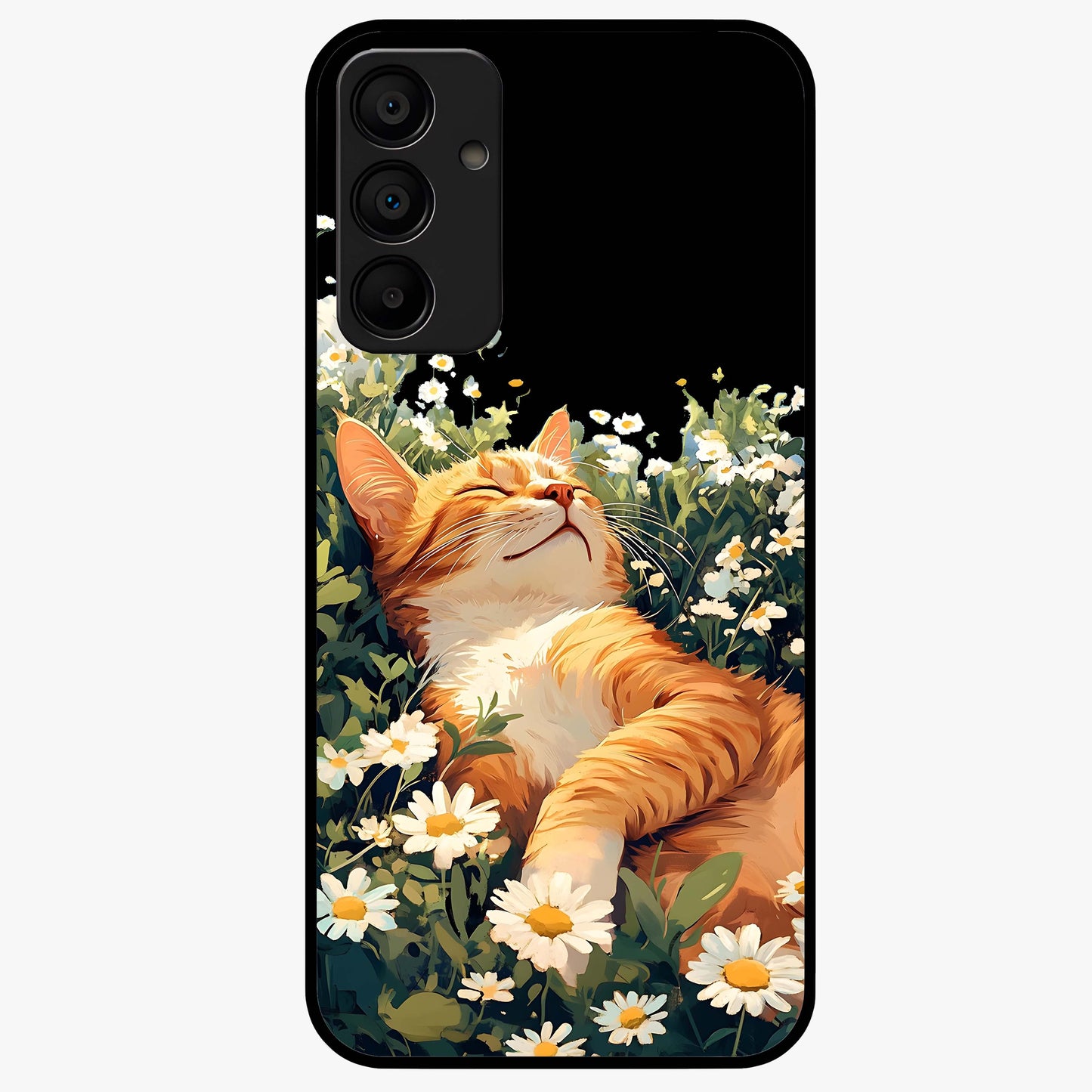 Blissful Bloom Cat Glass Case showing flat back view with cute cat and floral bloom artwork and glossy glass finish.