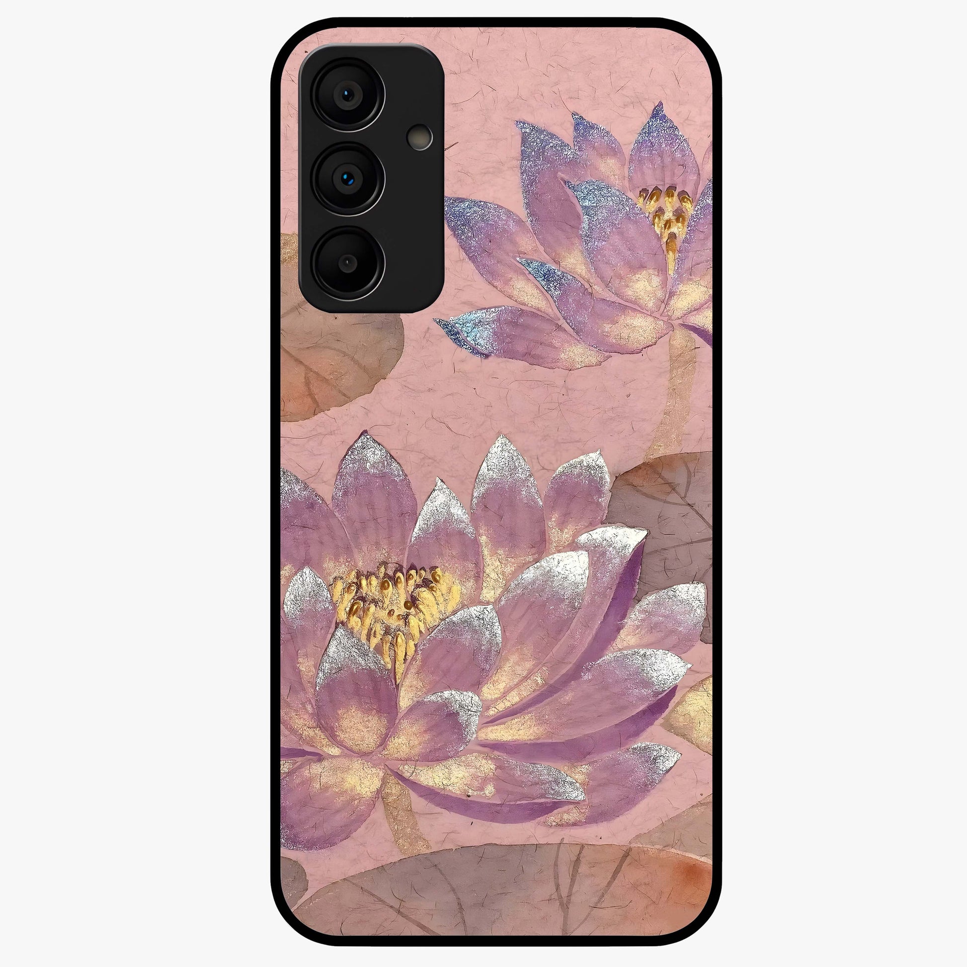 Blossom Mist Lotus Glass Case showing flat back view with serene lotus blossom artwork and glossy glass finish.