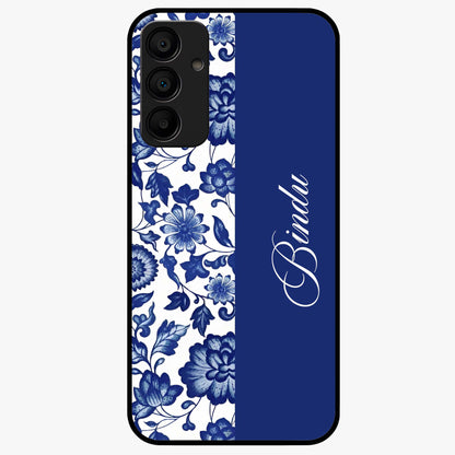Blue Vintage Floral Pattern Glass Case upright view showcasing timeless floral illustration with vintage inspired style.