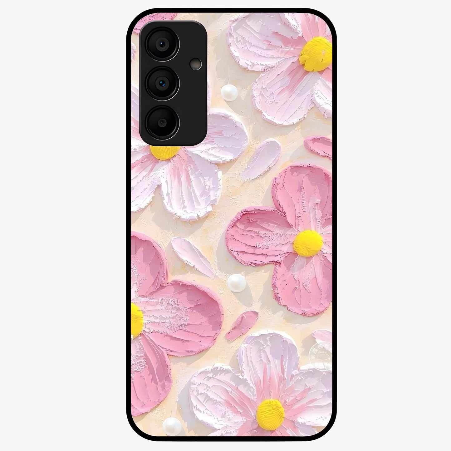Blush Bloom Texture Glass Case showing flat back view with soft blush floral texture artwork and glossy glass finish.