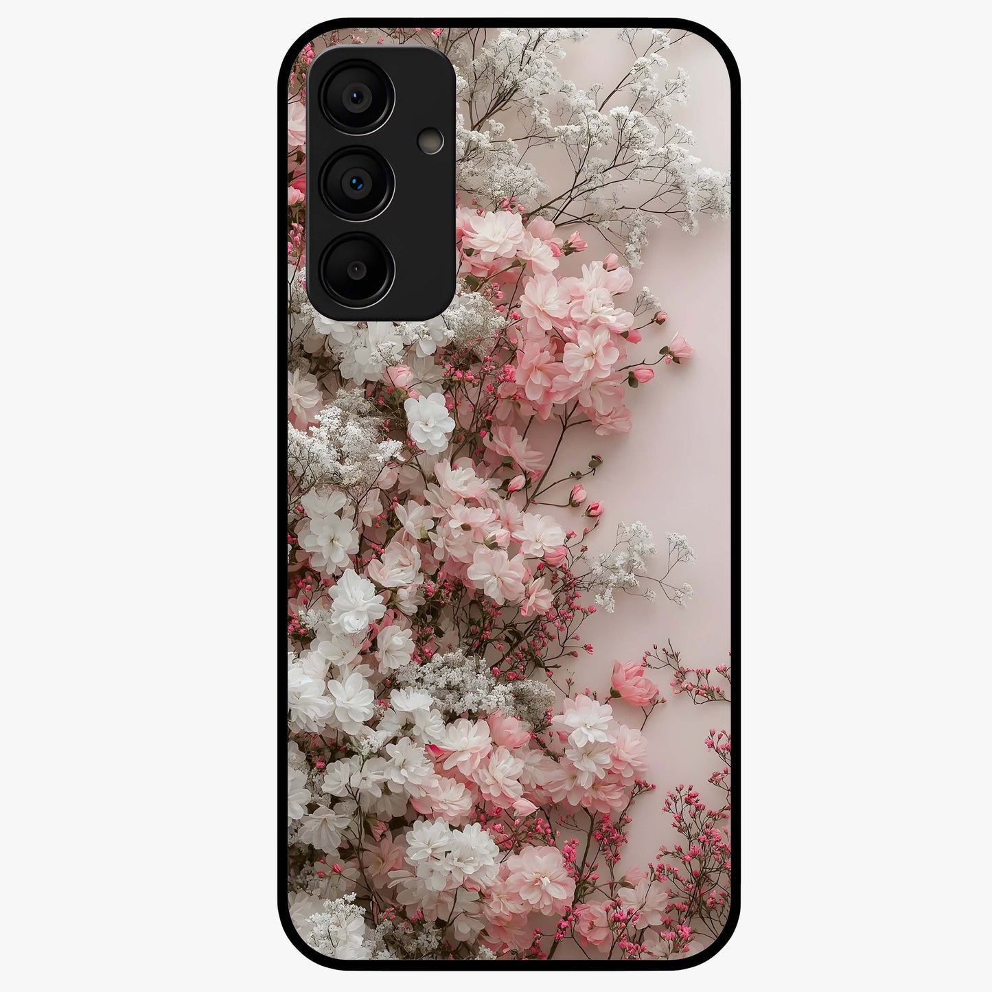 Blush Blossom Cloud Glass Case showing flat back view with dreamy blush cloud blossom artwork and glossy glass finish.