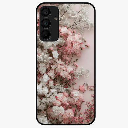 Blush Blossom Cloud Glass Case showing flat back view with dreamy blush cloud blossom artwork and glossy glass finish.