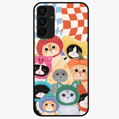 Cats in Fruits Glass Case showing flat back view with playful cat illustrations inside fruit artwork and glossy glass finish.