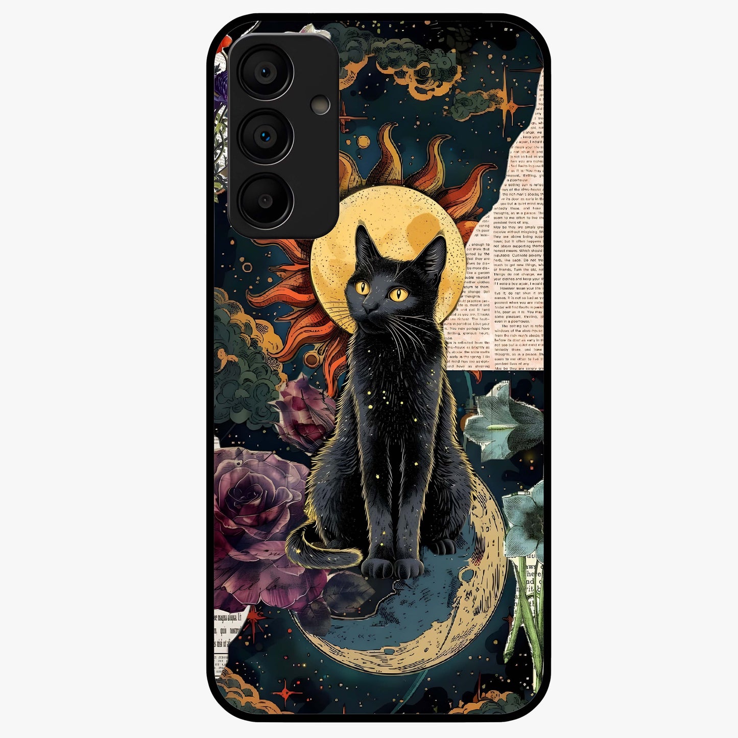 Celestial Black Cat Glass Case showing flat back view with mystical black cat artwork and glossy glass finish.