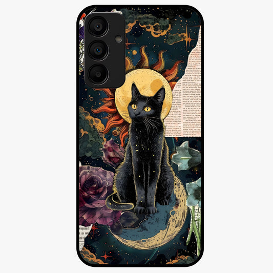 Celestial Black Cat Glass Case showing flat back view with mystical black cat artwork and glossy glass finish.