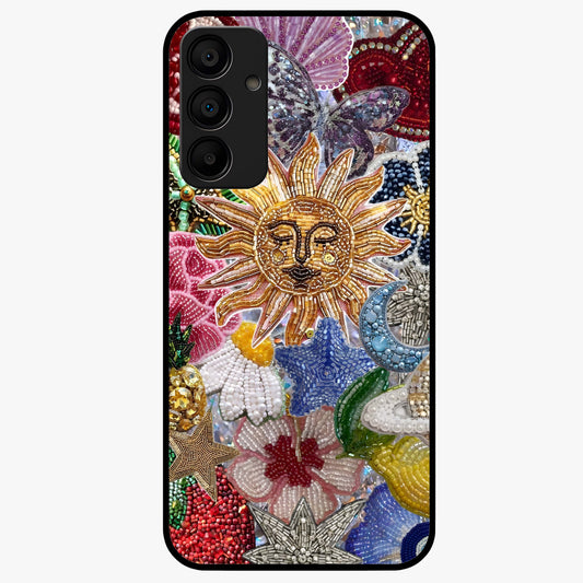 Celestial Floral and Playful Glass Case showing flat back view with floral and celestial themed artwork and glossy glass finish.