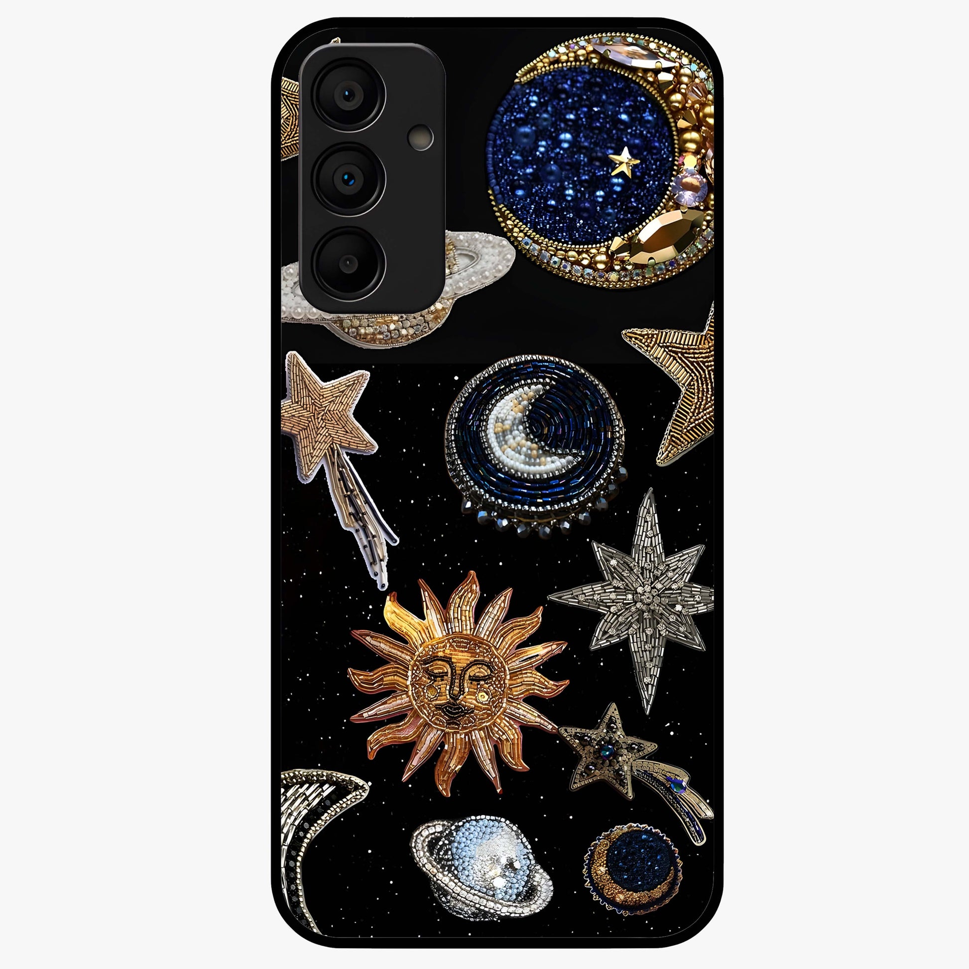 Celestial Gem Constellations Glass Case showing flat back view with sparkling constellation artwork and glossy glass finish.