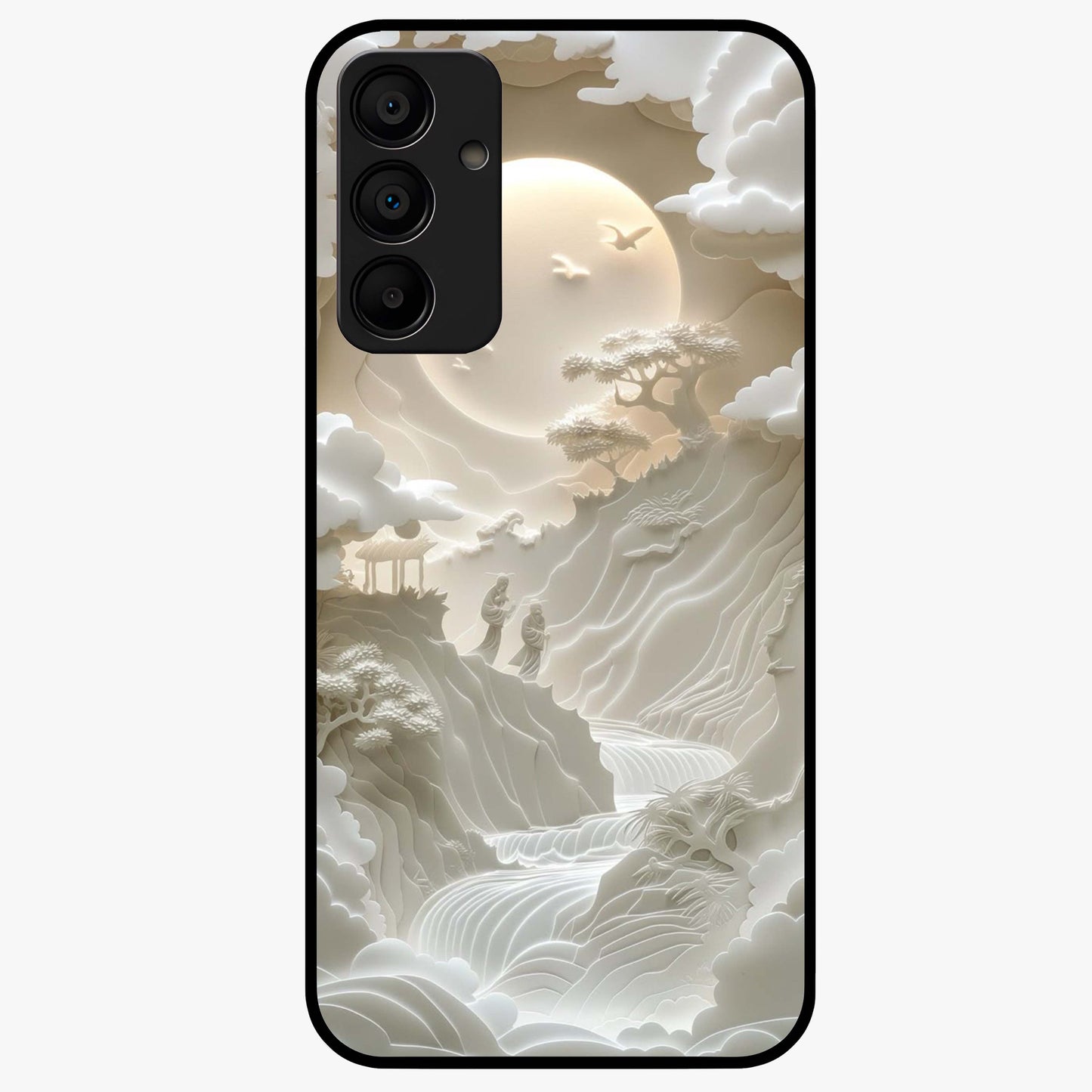 Celestial Origami Glass Case showing flat back view with artistic origami inspired celestial artwork and glossy glass finish.