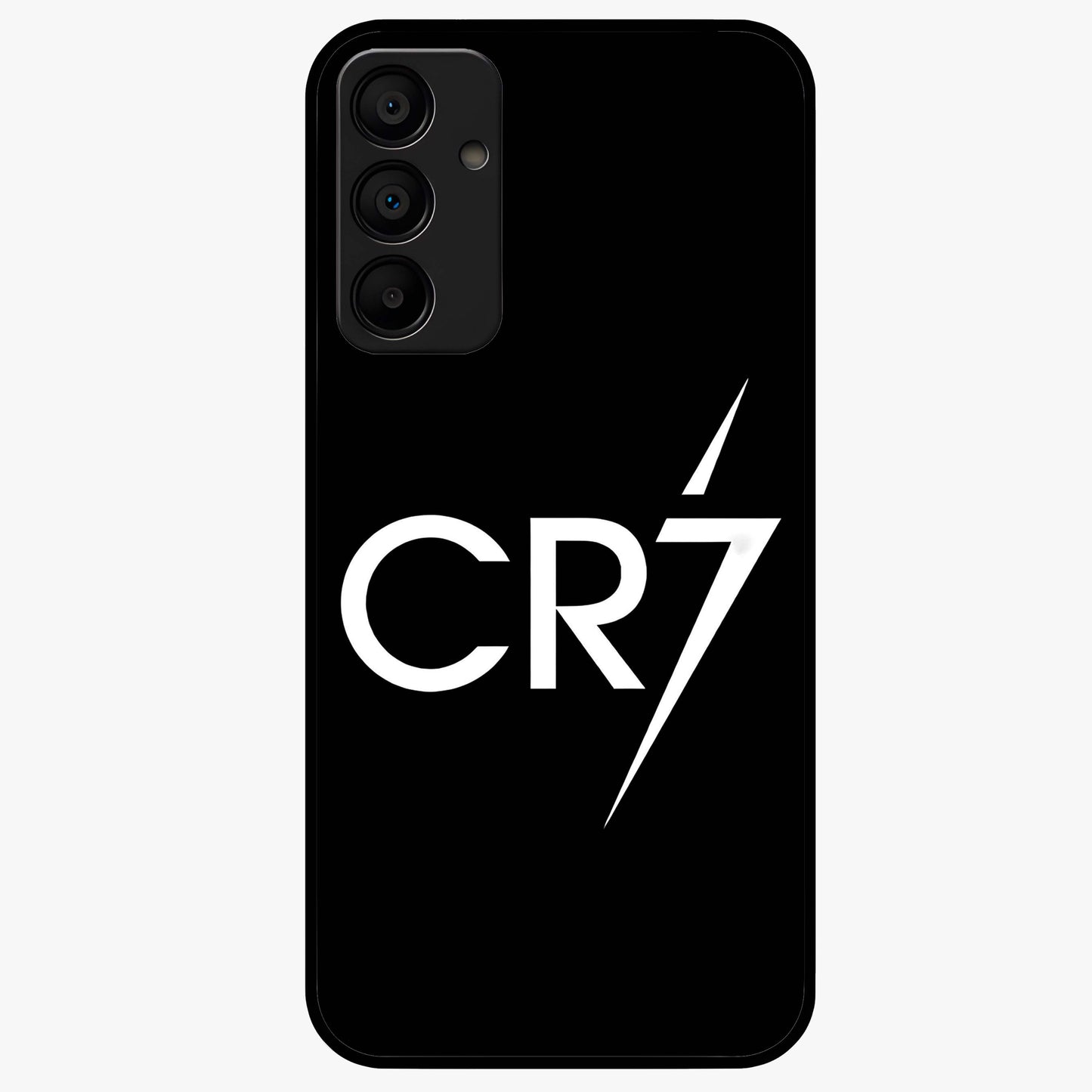 Cr7 Elite Strike Glass Case showing flat back view with dynamic football inspired artwork and glossy glass finish.