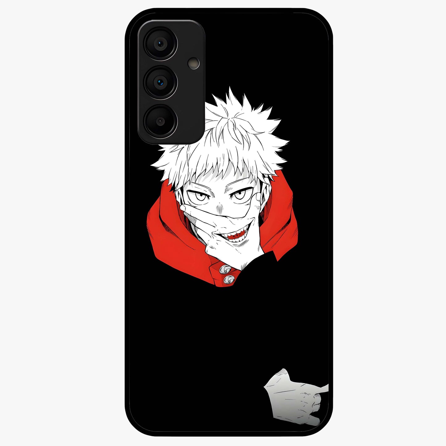 Crimson Chaos Smile Glass Case showing flat back view with bold chaotic smile artwork and glossy glass finish.