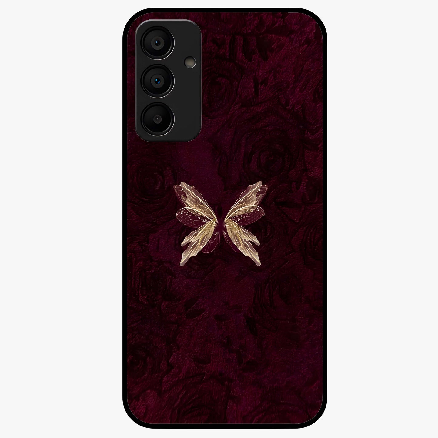 Crimson Fade Butterfly Glass Case showing flat back view with fading butterfly artwork and glossy glass finish.