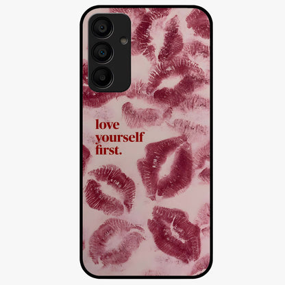 Crimson Kiss Love Glass Case showing flat back view with romantic crimson themed artwork and glossy glass finish.
